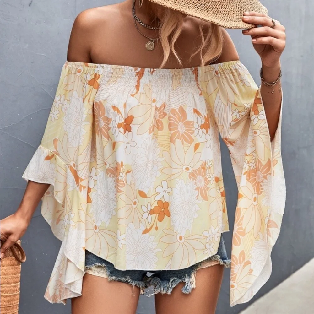 Boho Floral Print Off Shoulder Top Blouse. GREEN - Picture 12 of 17